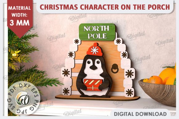 3D Christmas Penguin on the Porch Laser
